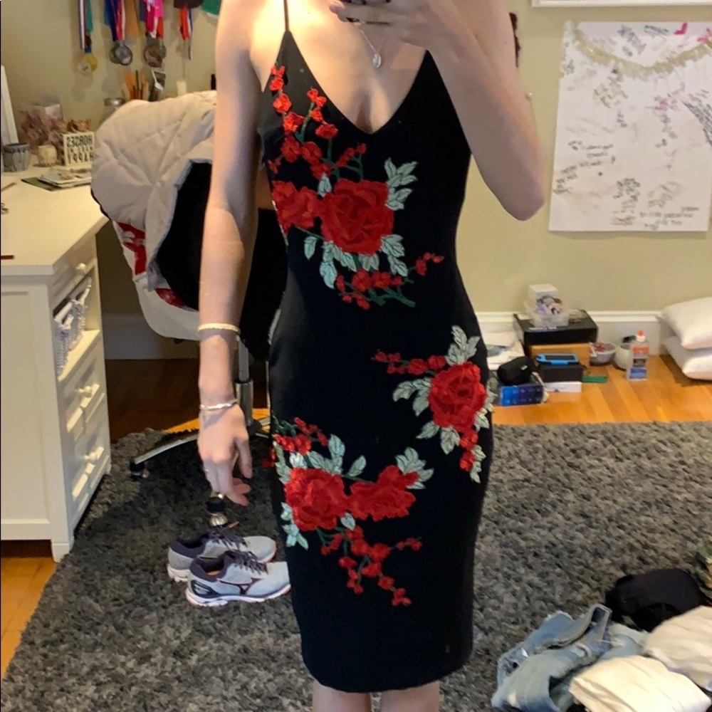 Rose embroidered bodycon dress